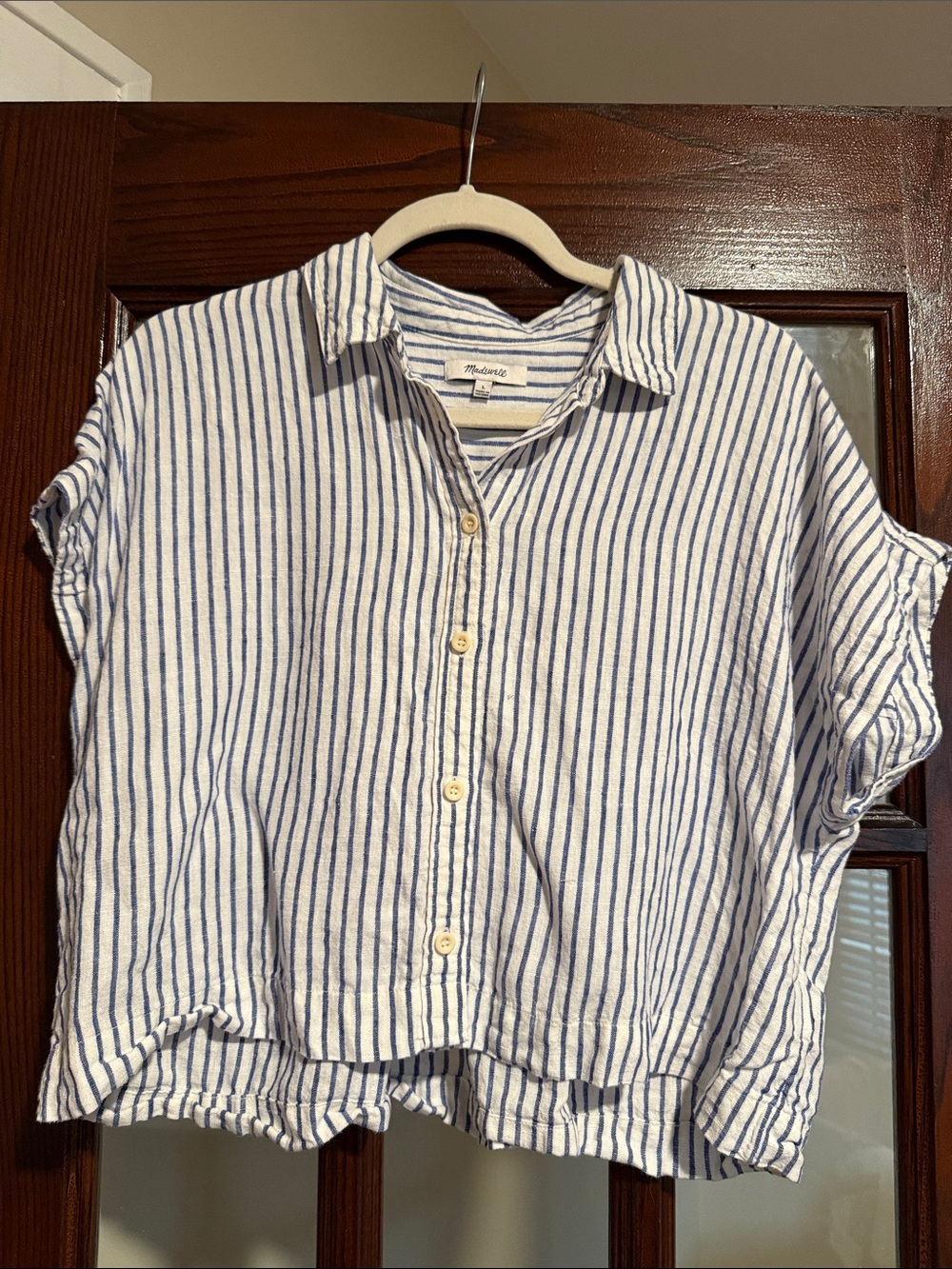 Madewell White and Blue Striped Short-Sleeve Button-Front Shirt